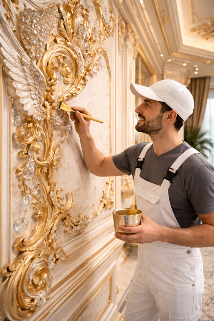 فني ديكورات بويات بجدة يركب براويز فوم جدران متناسقة مع صبغ الحوائط بالصفا.