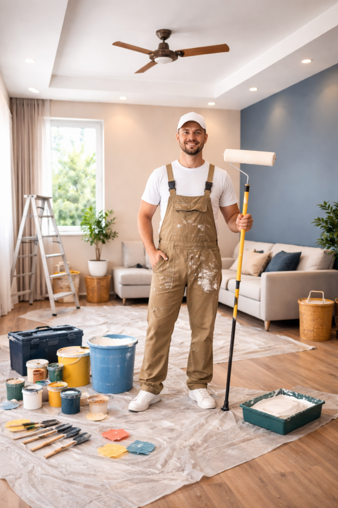 "صباغ بجدة محترف يقوم بعملية صنفرة الجدران وتأسيس المعجون قبل البدء في تجديد دهان الغرفة."فني بويات جدة 