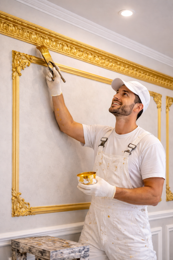 صباغ بجدة محترف يقوم بتقشير الدهانات القديمة وتجهيز الحوائط للترميم.