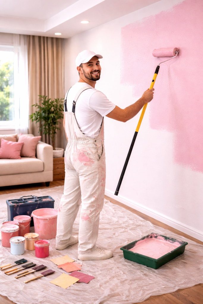 صباغ حي الصفا بجدة يقوم بصبغ جدران الغرفة بسرعة وإتقان مع حماية الأثاث.