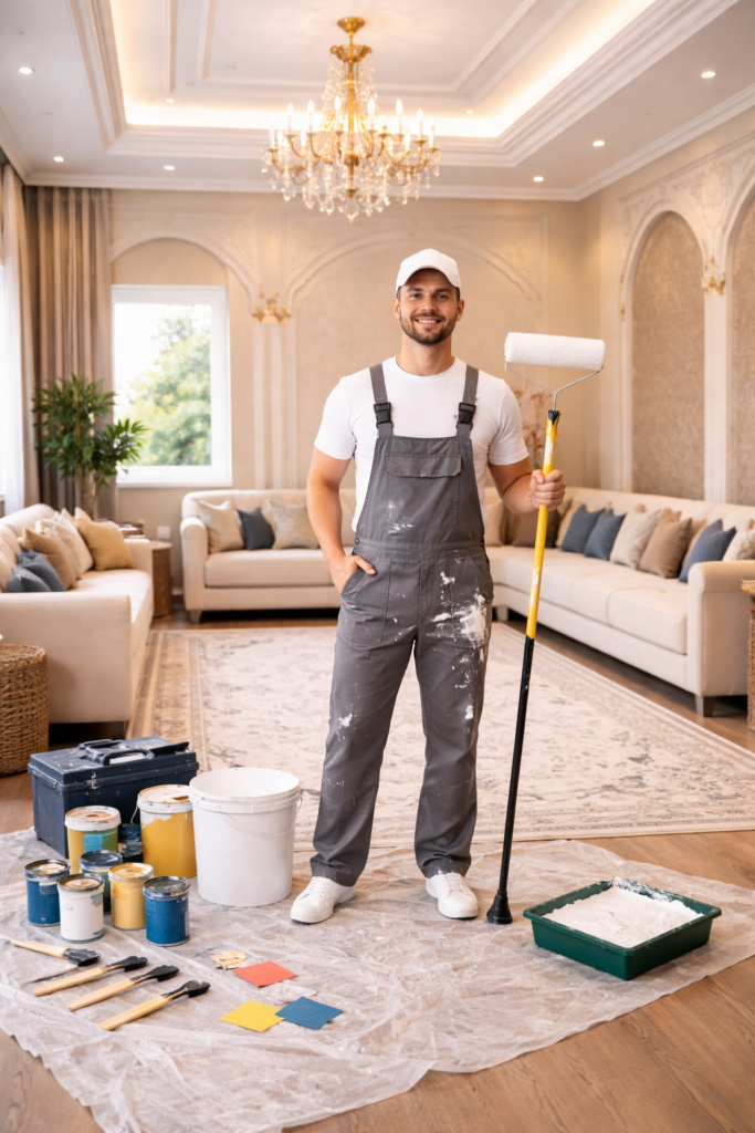 عملية صبغ غرف شقة قديمة بألوان فاتحة بواسطة أرخص صباغ في جدة