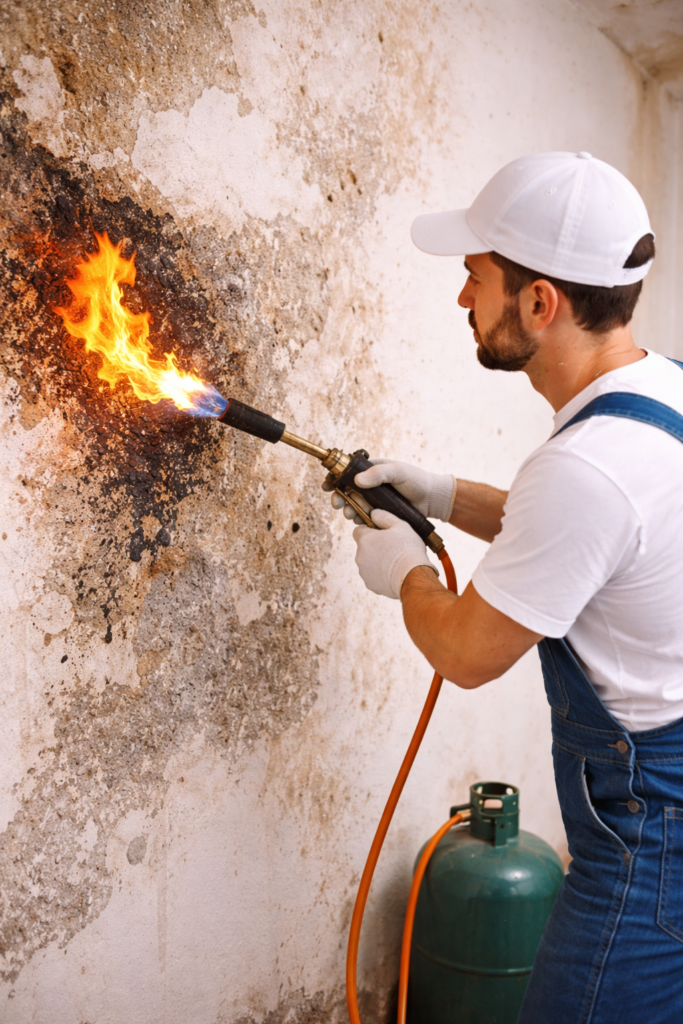 استخدام لهب النار وتسخين الجزء الرطب لجفافه تماماً قبل البدء في أول وجه عزل قبل الدهانات والديكورات في جدة