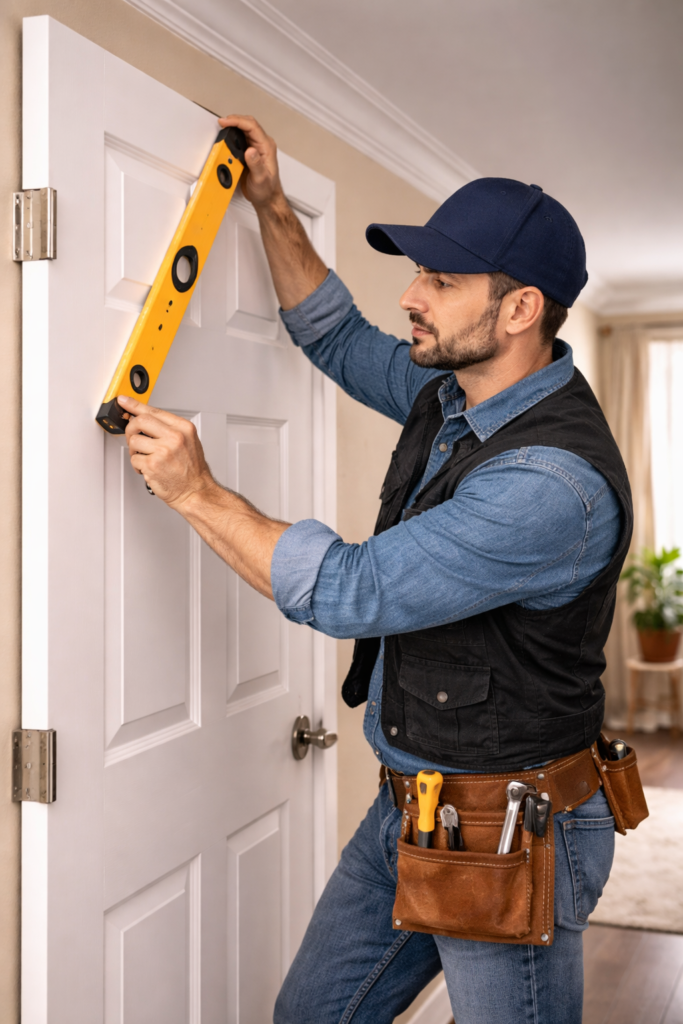 صيانة أبواب بجدة تشمل تغيير المفصلات وضبط كوالين الأبواب القديمة