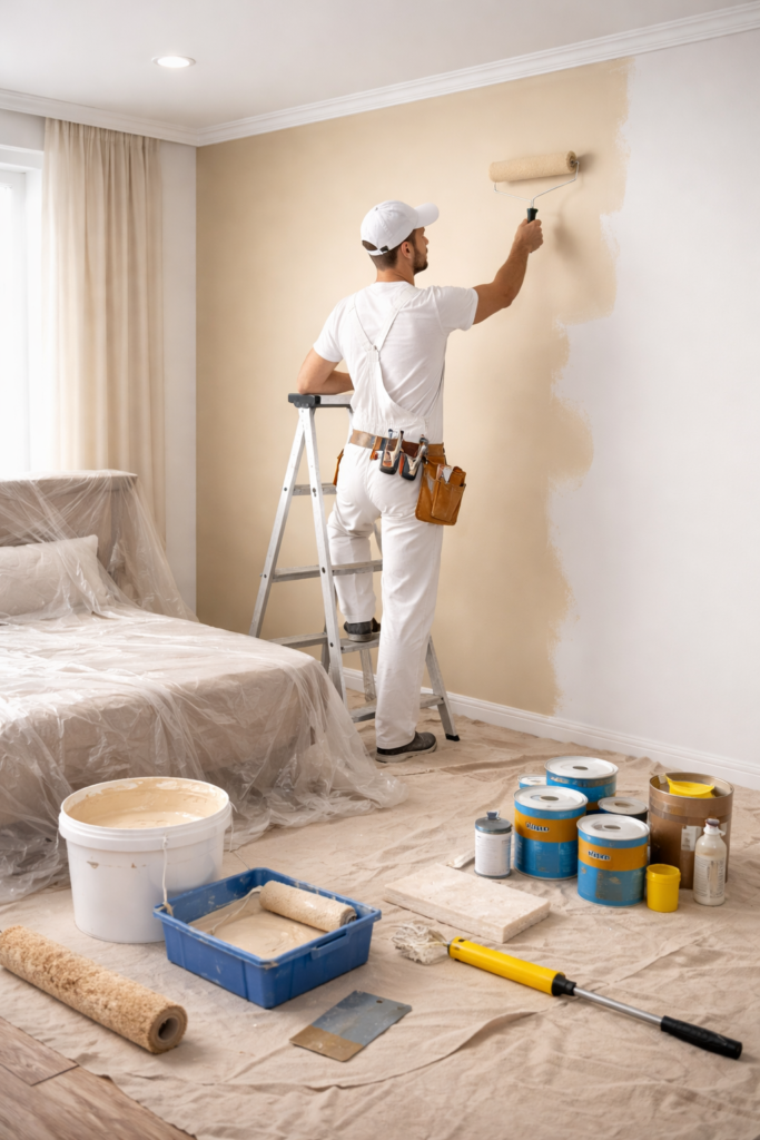 معلم دهانات بجدة يطبق طبقات المعجون لإخفاء عيوب الجدران في مبنى قديم.