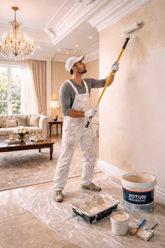 صباغ بجدة محترف يقوم بتقشير الدهانات القديمة وتجهيز الحوائط للترميم